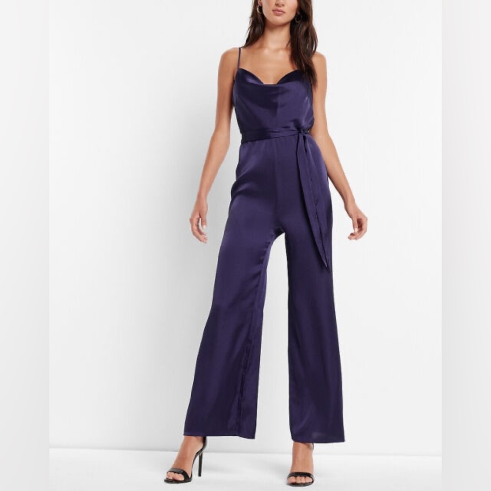 EXPRESS Satin Belted Cowl Neck Wide Leg Jumpsuit